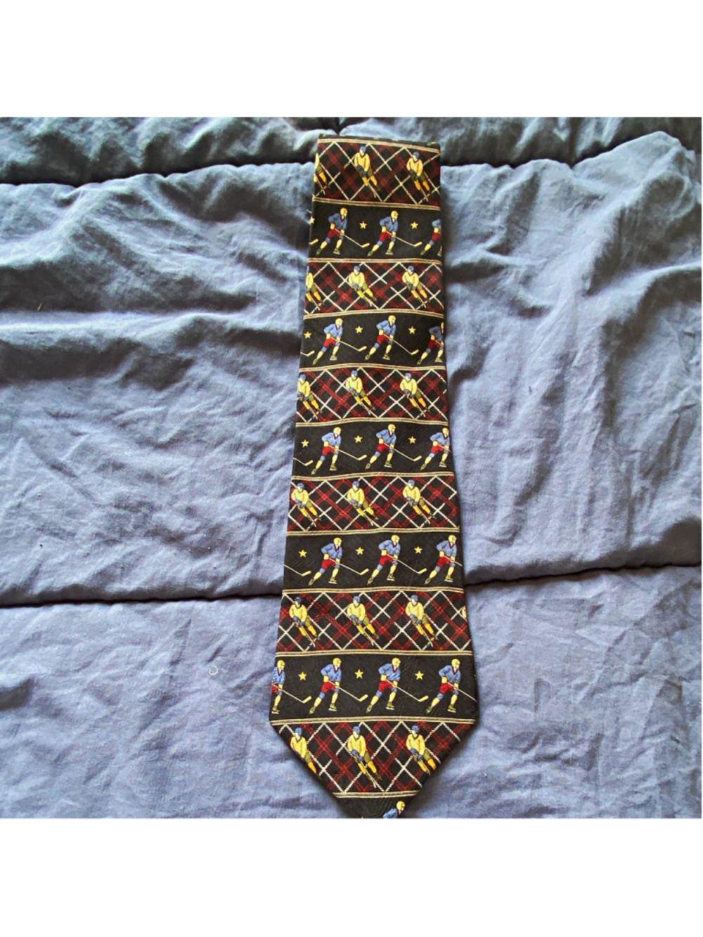 Tommy Hilfiger 100% Silk Woven Tie Black Argyle Hockey Player Logo One Size